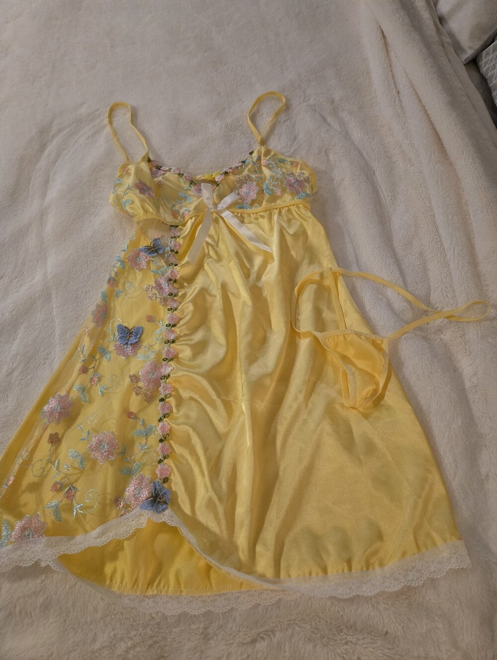 SHEIN Yellow Satin Floral & Butterfly Embroidered Chemise